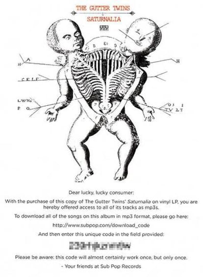 Uno de los cupones para descarga en MP3 que acompañan las copias en vinilo de 'Saturnalia', último disco del dúo ter Twins.