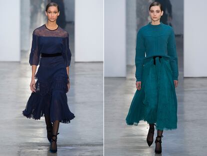 Para la noche, vestidos fluidos y un look de falda ligera con jersey de punto.