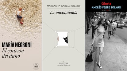 Las portadas de los libros 'El corazón del daño', 'La encomienda' y 'Gloria'.