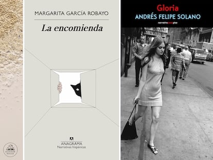 Las portadas de los libros 'El corazón del daño', 'La encomienda' y 'Gloria'.