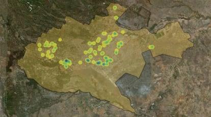 Mapa de calor con la frecuencia de cortes de energía en Nairobi. Las manchas más oscuras, que denotan más apagones se corresponden a lugares como Kibera y Mathare. Fuente: Raúl Bajo-Buenestado.