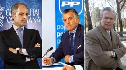 El presidente valenciano, Francisco Camps; el senador y ex tesorero del PP Luis Bárcenas, y el juez de la Audiencia Nacional Baltasar Garzón.