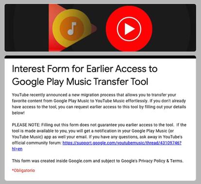 Formulario para solicitar el paso de Play Music a YouTube Music.