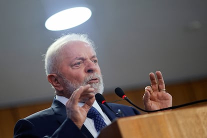 Brazil's President Luiz Inacio Lula da Silva speaks during a ceremony announcing investments by public banks in states, at the Planalto Palace in Brasilia, Brazil, December 12, 2023.