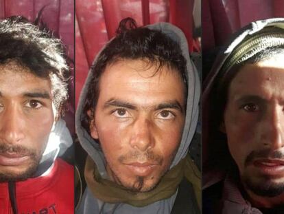 Rachid Afatti, Ouziad Younes y Ejjoud Abdessamad, de izquierda a derecha, los tres sospechosos del asesinato de las dos escandinavas detenidos.