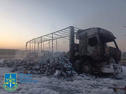 View shows truck damaged by Russian drone strike, amid Russia's attack on Ukraine, in Odesa region, Ukraine September 26, 2023.