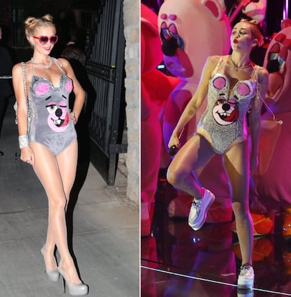 Tras la polémica presentación de Miley Cyrus en los MTV se convirtió en la protagonista del año. Así que París Hilton tuvo la misma idea Perez Hilton -sin ser familia- y llegó a la fiesta de Halloween que organizó Hugh Hefner en la mansión Playboy con un body de oso y las gafas de corazón que utilizó la cantante. 