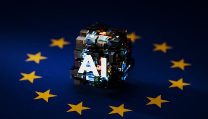 Una imagen futurista con un símbolo abstracto de IA flotando sobre la bandera de la Unión Europea.