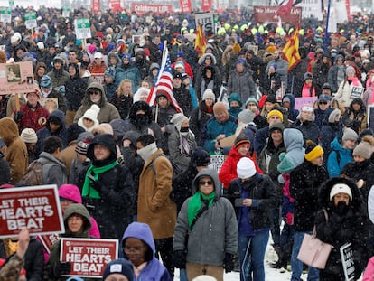 Anti-abortion demonstrators participate in the annual 'March for Life', in Washington, January 19, 2024.