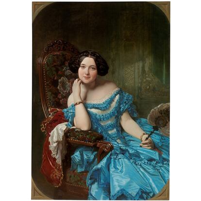 Federico de Madrazo. 'Amalia del Llano y Dotres. Condesa de Vilches'. 1853. Este bello retrato del periodo Isabelino es considerado como una de las mejores obras del pintor. La retratada nos muestra el vestido de sociedad de los años cincuenta en los que triunfan como adorno, los volantes, llamados faralaes y el miriñaque. Los vestidos de este período se inspiraron en modelos del pasado rococó, como se aprecia en el cuerpo del vestido ajustado y rematado en el frente con un pronunciado pico. Los primeros miriñaques se reforzaron con aros cosidos a una tela, como en los antiguos verdugados, pero hacía 1856 se sustituyeron por un armazón de acero. La Emperatriz Eugenia dejó de usar el miriñaque en 1859 y la reina Victoria siguió su ejemplo.  Típico peinado de este estilo Isabelino, es el que nos muestra Amalia del Llano llamado de bandós.