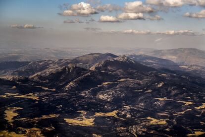 Es vital la dinamización y reactivación de la economía rural que contribuya a generar estos territorios resilientes ante incendios de alta intensidad. En la imagen, vista aérea de las consecuencias del incendio forestal de Navalacruz, en Ávila.