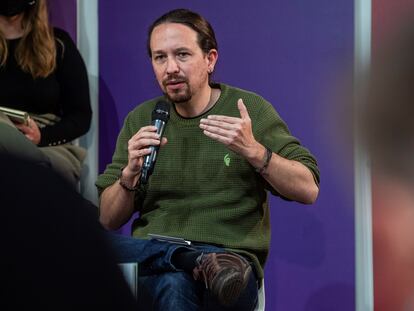 El candidato de Podemos a la presidencia de la Comunidad de Madrid, Pablo Iglesias, en un acto electoral este martes en Alcobendas.