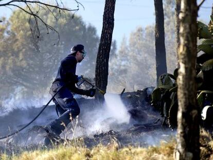 Bomberos realizando tareas de extinci&oacute;n en un incendio en Collserola en 2012.