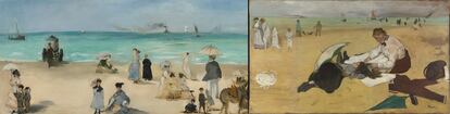 The sea was at the center of another instance of mutual inspiration. Left, Manet’s Beach at Boulogne (1868). A few months later, Degas signed a very similar painting, Sea Baths (1869-70).
