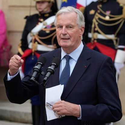 New French prime minister Michel Barnier delivers a speech during the handover ceremony, Thursday, Sept. 5, 2024 in Paris. President Emmanuel Macron has named EU's Brexit negotiator Michel Barnier as France's new prime minister after more than 50 days of caretaker government. (AP Photo/Michel Euler)