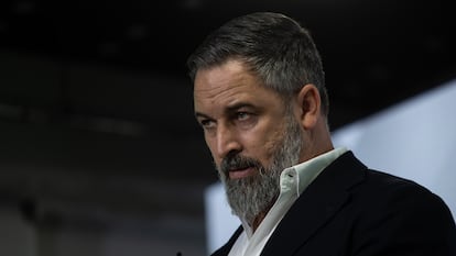 El presidente de VOX, Santiago Abascal, durante una rueda de prensa el pasado julio.