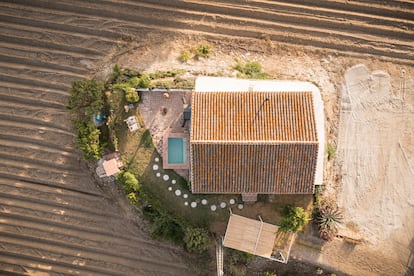 Una pequeña alberca, un merendero y un pequeño jardín rodean La Centinela: más allá, un campo de aguacates.
