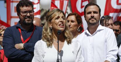 La vicepresidenta segunda del Gobierno y ministra de Trabajo, Yolanda Díaz, durante su intervención en el Primero de Mayo.