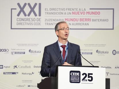 El gobernador del Banco de España, Pablo Hernández de Cos, este jueves en Bilbao.