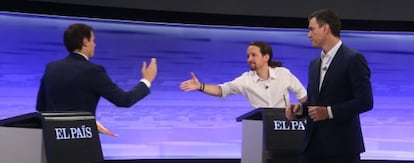 Albert Rivera, Pablo Iglesias y Pedro Sánchez, este lunes.