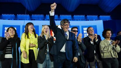 El expresident y candidato de Junts, Carles Puigdemont, participa en un acto al inicio de la campaña en Argelès-sur-Mer.