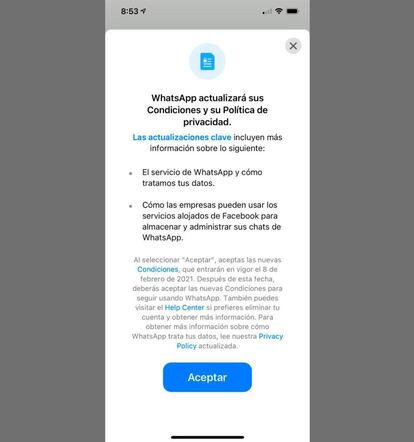 Nuevas condiciones y política de privacidad de WhatsApp.