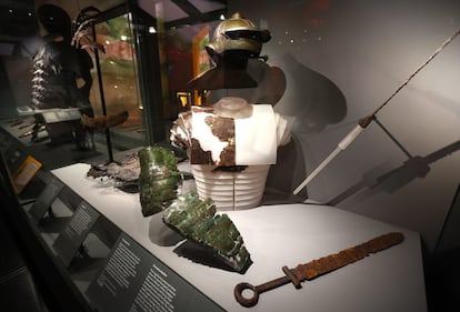 Segmental armour and a preserved helmet are seen on display ahead of the "Legion life in the Roman army" exhibition soon to open at the British Museum