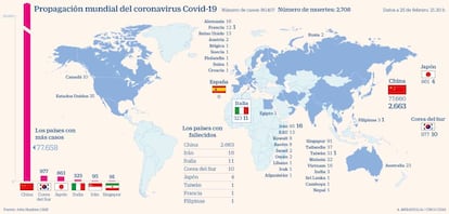 Mapa. Propagación mundial del coronavirus Covid-19 a 25 feb.