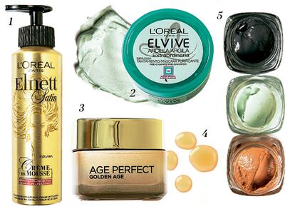 1. Mousse de fijación para rizos de Elnett (4,99 €) 2. Mascarilla prechampú de arcilla de Elvive (4,99 €). 3. Hidratante Age Perfect (14,95 €). 4. Aceite Extraordinario Nutritivo para el cabello (8,60 €). 5. Mascarillas de arcilla pura (9,95 € c/u). Todo de L’ORÉAL PARIS.