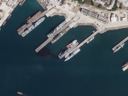 This satellite photo from Planet Labs PBC appears to show the damaged Russian landing vessel Olenegorsky Gornyak leaking oil while docked at Novorossiysk, Russia, Friday, Aug. 4, 2023.