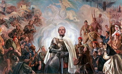 Franco como El Cid en 'Alegoría de Franco y la Cruzada', pintura mural de Arturo Reque Meruvia-Kemer. 