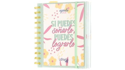Agenda escolar con frase motivadora.