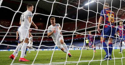 Uno de los goles del Bayern de Múnich en la goleada (8-2) que endosó al FC Barcelona el pasado viernes en cuartos de final de la Liga de Campeones.  reuters