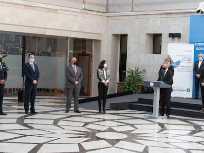 El lehendakari Urkullu interviene este miércoles ante víctimas del terrorismo en un acto en la sede del Gobierno vasco.