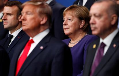 Emmanuel Macron, Donald Trump, Angela Merkel y Recep Tayyip Erdogan, en la cumbre de la OTAN de Watford (Inglaterra) en diciembre de 2019.