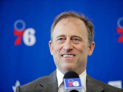 Philadelphia 76ers owner Josh Harris speaks with members of the media during a news conference at the NBA basketball team's practice facility in Camden, N.J., Tuesday, May 14, 2019.