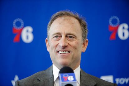 Philadelphia 76ers owner Josh Harris speaks with members of the media during a news conference at the NBA basketball team's practice facility in Camden, N.J., Tuesday, May 14, 2019.