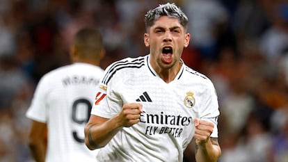 Valverde celebra su gol al Villarreal en el Bernabéu.