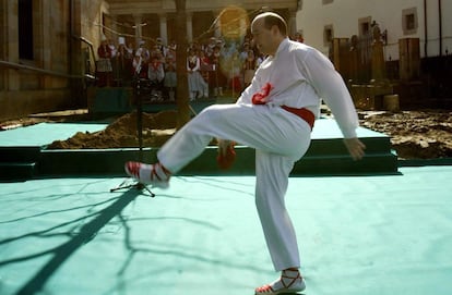 A Basque dancer performing the traditional Aurresku dance in Gernika.