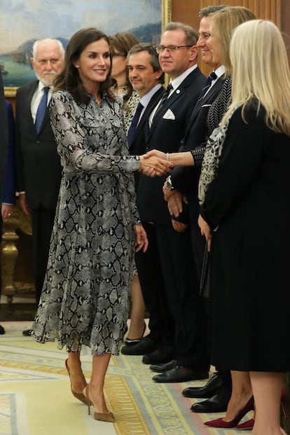 La reina suele apostar por marcas españolas y en octubre, en un acto en el palacio de la Zarzuela, sorprendió con este Massimo Dutti. Un vestido camisero de corte 'midi' y con estampado 'animal print' de serpiente. Lo combinó con unos salones de Carolina Herrera en color marrón. No es la primera vez que luce dicho vestido, pues también lo llevó en la ceremonia de recepción del presidente de Perú el pasado mes de febrero.