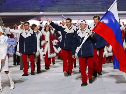 El equipo ruso, en la ceremonia de los Juegos de Sochi 2014.