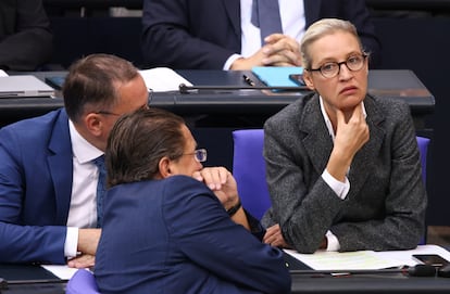 Stephan Brandner, Alice Weidel y Tino Chrupalla, miembros de AfD, en el Parlamento alemán.