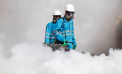 Dos trabajadores rocían pesticidas durante una campaña contra el cólera en Saná (Yemen).