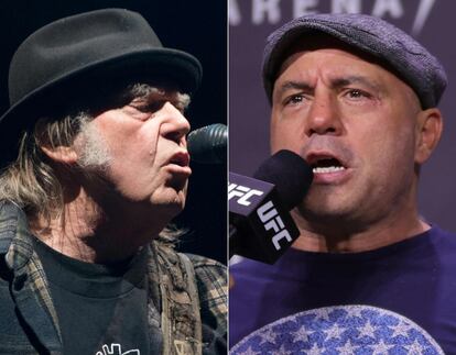 A la izquierda, el músico Neil Young. A la derecha, el cómico Joe Rogan, autor de un 'podcast' antivacunas.