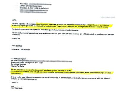 Alguna de la correspondencia aportada por Torres al juez Castro aporta referencias del duque de Palma a su esposa, la infanta Cristina. En este documento, enviado el 26 de julio de 2007, Iñaki Urdangarin da orden de que envíe a la Infanta "una nueva carta". Un año antes Urdangarin y la Infanta habían abandonado la junta directiva del Instituto Nóos. Después formaría parte de la Fundación Deporte Cultura e Integración Social