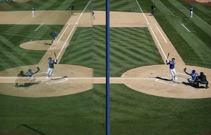 Wilmer Flores, del equipo New York Mets, se refleja en una ventana durante el partido frente a los Chicago Cubs, en Las Vegas el 1 de abril de 2016.