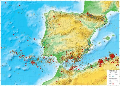 El mapa muestra la historia de los terremotos en Espa&ntilde;a y su concentraci&oacute;n en el sur, sureste y Pirineos.
