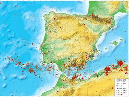 El mapa muestra la historia de los terremotos en Espa&ntilde;a y su concentraci&oacute;n en el sur, sureste y Pirineos.