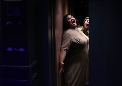 Dos cantantes bromean mientras se cierran las puertas del ascensor.