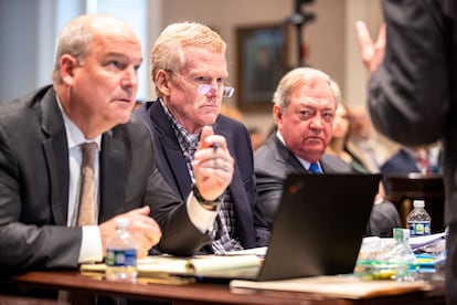 Defense attorney Jim Griffin, Alex Murdaugh and Dick Harpootlian listen to Creighton Waters in the double murder trial of Alex Murdaugh.